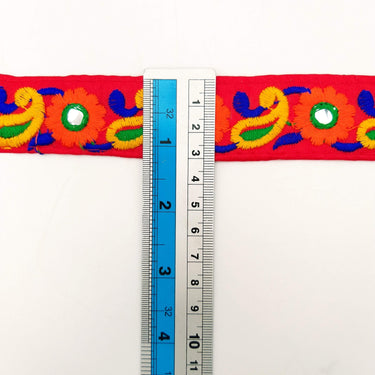 Red Floral Mirrored Trim With Orange Flowers And Yellow Paisley Embroidery, Decorative Trimming, Trim By 3 Yards